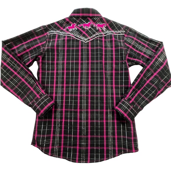 Cowgirl Hardware Plaid Western Snap Shirt Girls L 10 12 Bling Pink Black Silver - Picture 2 of 16